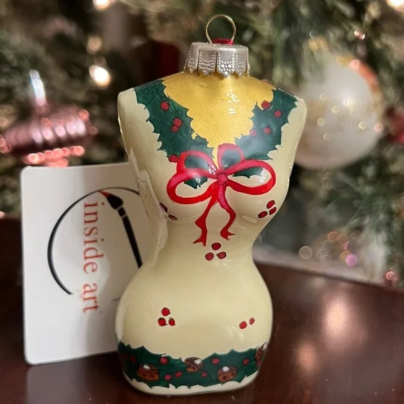 Inside Art bust form Christmas ornament hand painted holly bow limited edition - Picture 3 of 7